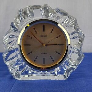 Seiko 1980's Table Alarm Clock Encased in Heavy Glass "Ice Formation" Japan